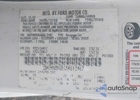 2010 Mercury Milan z USA, uszkodzony, nr VIN 3MEHM0HA5AR612487